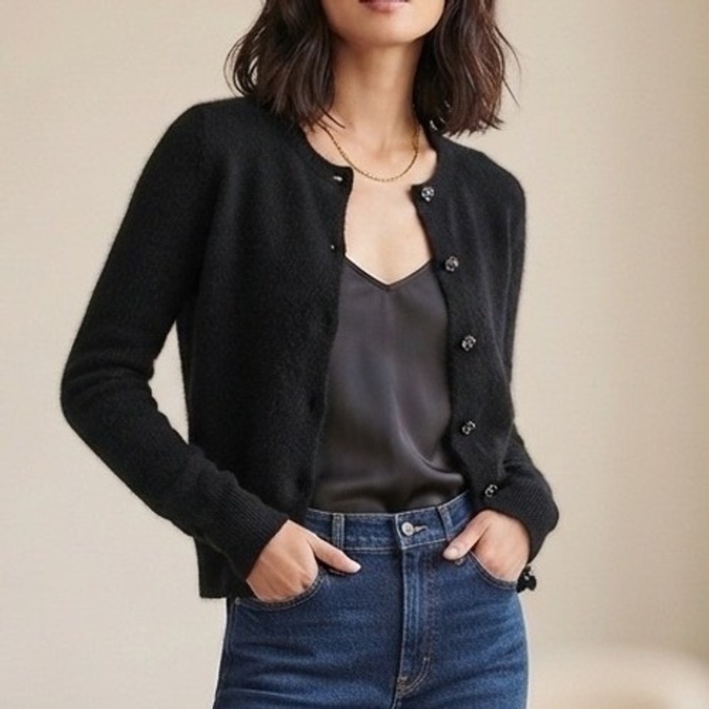 J.Crew Black‎ Alpaca Merino Wool Blend Rhinestone Button Cardigan Sweater XS/S